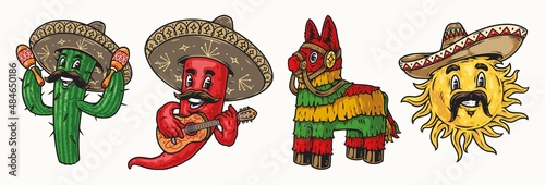 Cheerful mexican characters vintage set photo