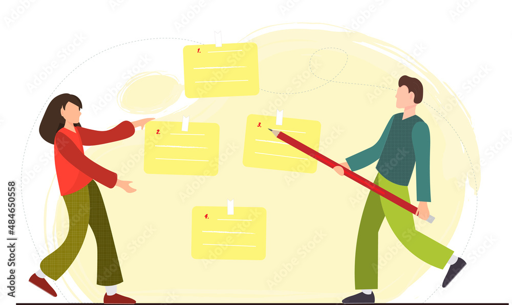Happy tiny woman and man hanging paper notes and writting check list, information concept, flat vector illustration