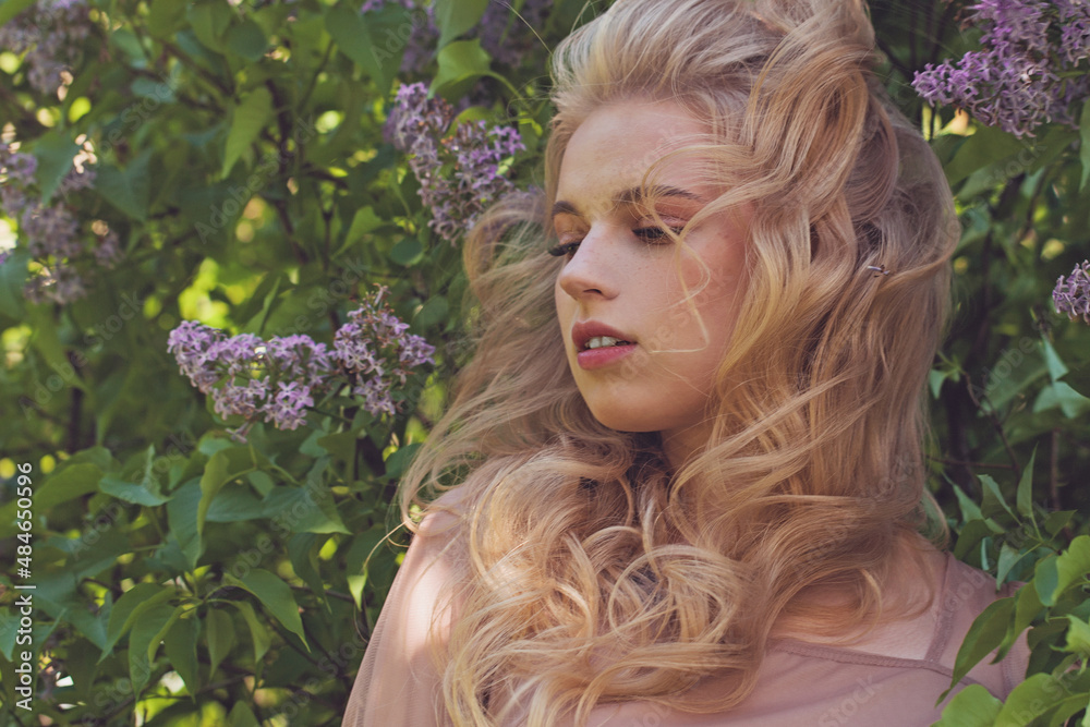 Close-up portrait of nice attractive lovely gorgeous wavy-haired woman enjoying spring nature