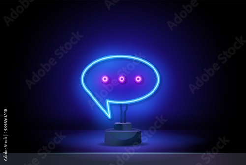 Communication neon sign. Luminous signboard with speech clouds. Concept of message and network. Vector illustration in neon style for conversation and messaging