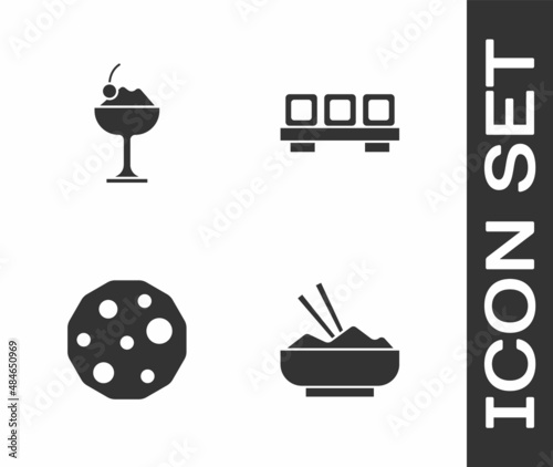 Set Rice in a bowl with chopstick, Ice cream, Cookie or biscuit and Sushi on cutting board icon. Vector