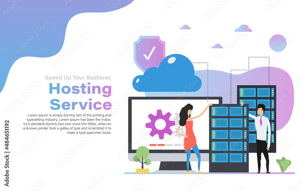Banner inscription Speed Up Your Business, hosting service social ad banner, flat style vector illustration, isolated