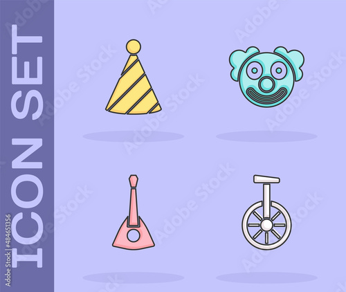 Set Unicycle or one wheel bicycle, Party hat, Balalaika and Clown head icon. Vector