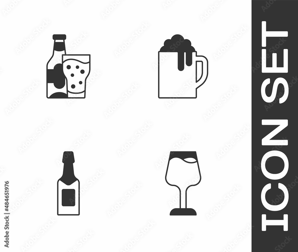 Set Wine glass, Beer bottle and, Champagne and Wooden beer mug icon. Vector Set Wine glass, Beer bottle and, Champagne and Wooden beer mug icon. Vector