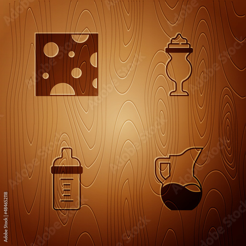 Set Milk jug or pitcher, Cheese, Baby milk in a bottle and Milkshake on wooden background. Vector