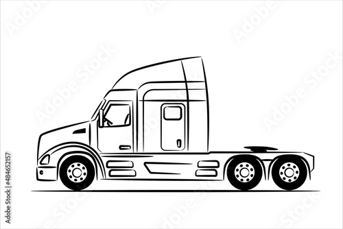 American truck without a trailer abstract silhouette on white background. A hand drawn line art of a american truck car. Black icon view from side.	