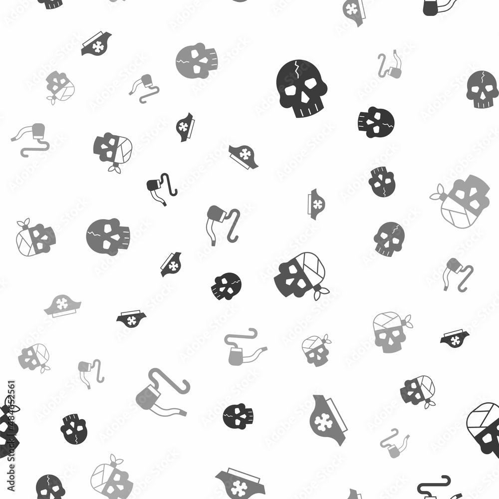 Set Skull, Pirate hat, captain and Smoking pipe on seamless pattern. Vector