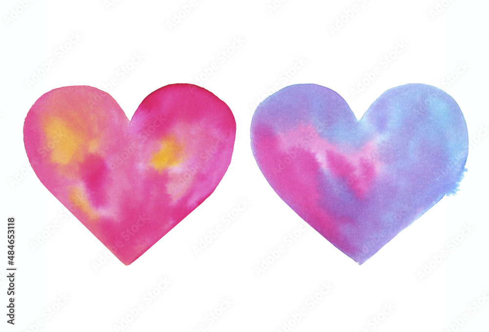 Pink hearts, watercolor illustration, greeting card, valentine's day