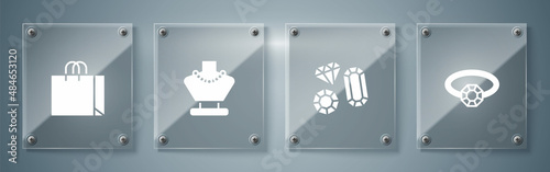 Set Diamond engagement ring, Gem stone, Necklace mannequin and Shopping bag jewelry. Square glass panels. Vector