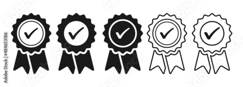 Certified medal with approve mark icons. Badge medal. Approval checkmark symbol collection.