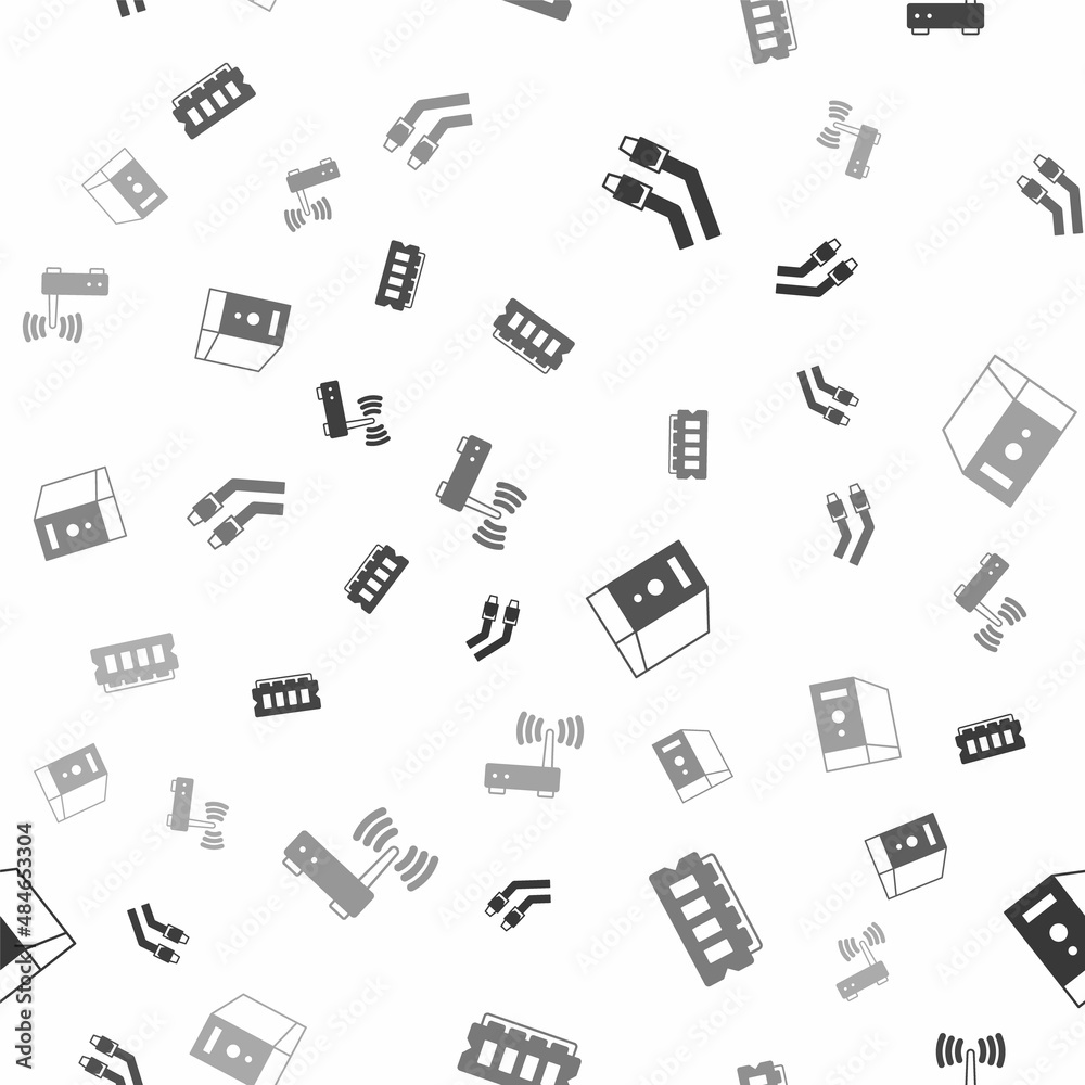 Set LAN cable network internet, RAM, random access memory, Case of computer and Router wi-fi signal on seamless pattern. Vector Set LAN cable network internet, RAM, random access memory, Case of computer and Router wi-fi signal on seamless pattern. Vector
