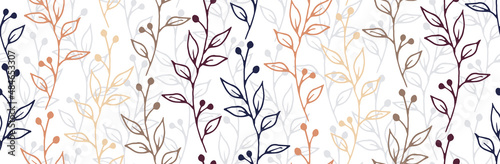 Berry bush sprigs botanical vector seamless background. Rustic floral textile print. Herb plants leaves and blossom wallpaper. Berry bush twigs spring endless pattern