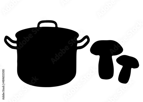 Saucepan and mushrooms in the set. Vector image.