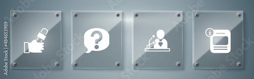 Set Information, Breaking news, Speech bubble chat and Journalist. Square glass panels. Vector