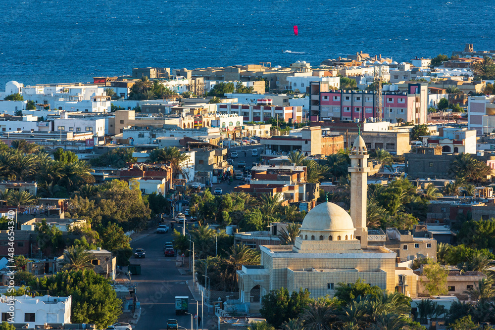 Aerial view of Dahab town and a mosque from the mountain nearby, South Sinai, Egypt