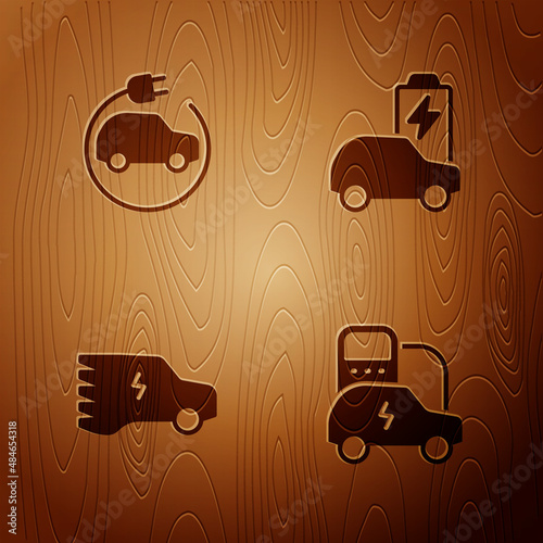 Set Electric car, and on wooden background. Vector