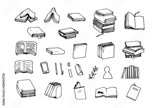 Books line sketch vector illustrations set. pencil, open book, library, bookmark.