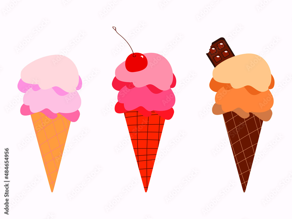 Flat ice cream set vector illustration. Ice cream waffle cones. Strawberry, cherry, chocolate sweet summer desserts. Cafe dessert. Cartoon style. Bright pink and brown colors.