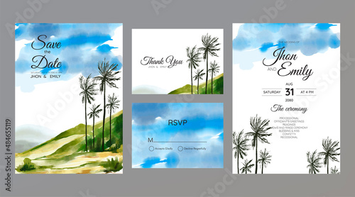 Set of Wedding Invitation, thank you, rsvp rustic card design with gold foil decoration. Vector elegant modern template, trendy cover, graphic poster, retro brochure, design template..