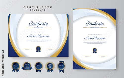 Blue and gold certificate of achievement border template with luxury badge and modern line pattern. For award, business, and education needs