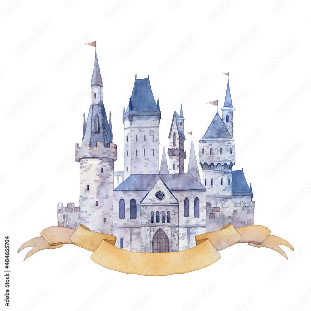 Obraz premium Watercolor fantasy castle. Cartoon kingdom with ribbon. Fairytale illustration isolated on white background