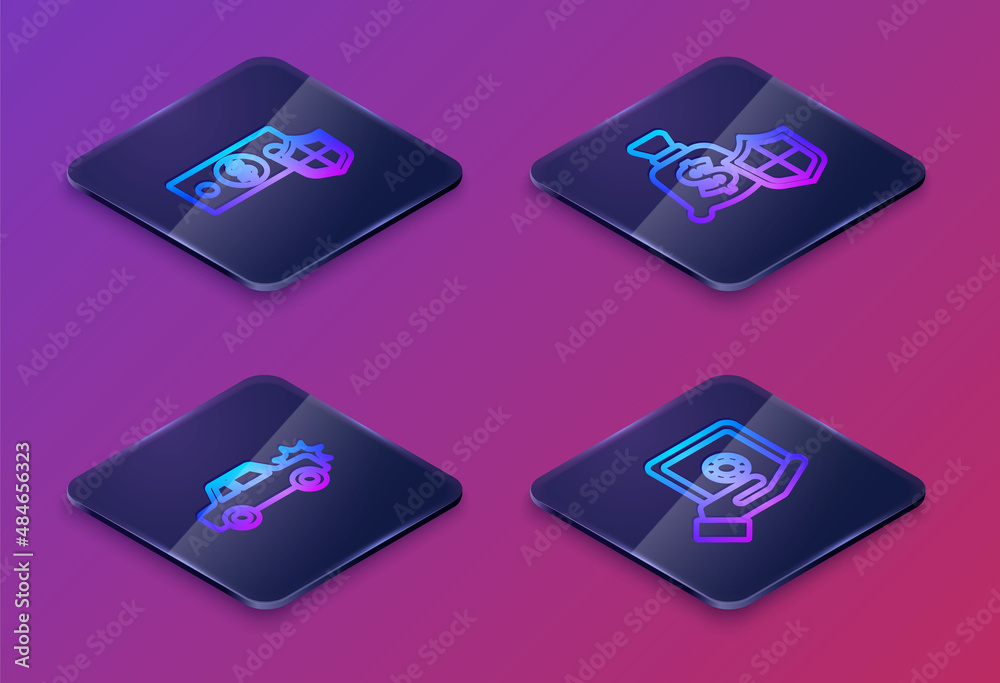 Set Isometric line Money with shield, Car, and Safe in hand. Blue square button. Vector Set Isometric line Money with shield, Car, and Safe in hand. Blue square button. Vector