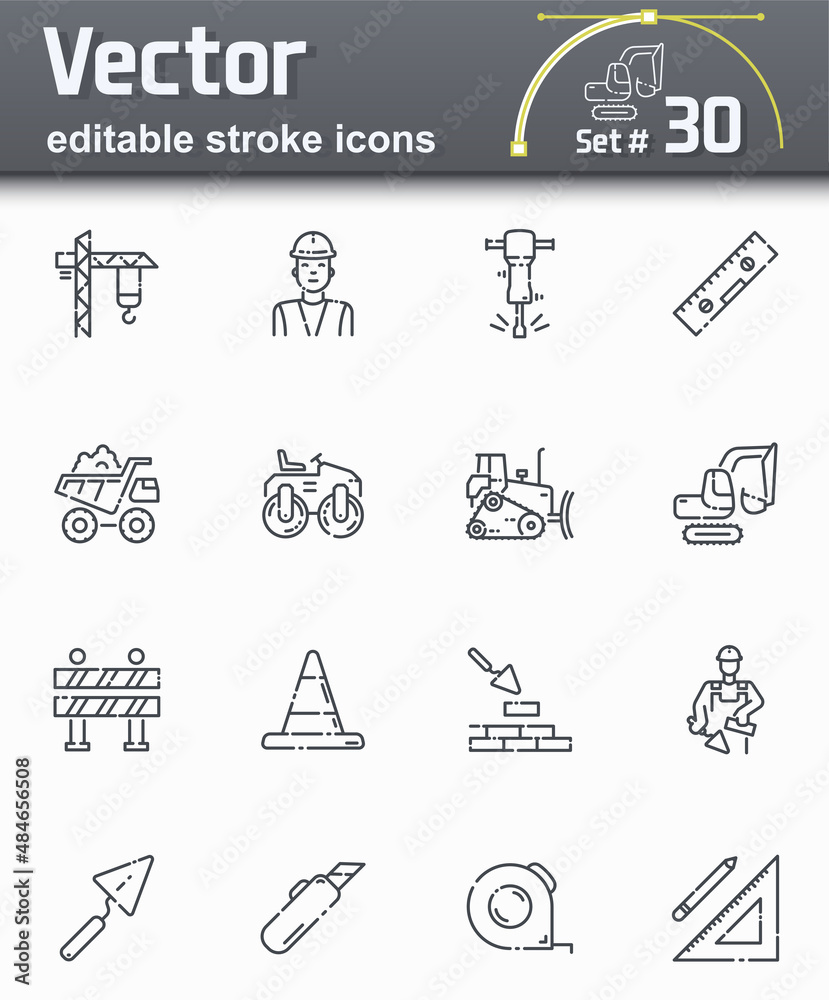 Set of editable stroke vector construction line icons isolated