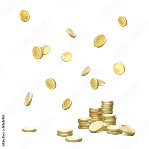 Gold coin stack and falling metal money. 3d golden coin isolated on white background