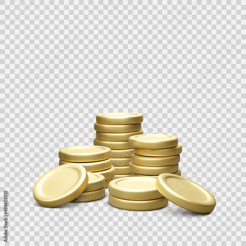 Heap realistic gold coin isolated on transparent background. Golden coin stack.