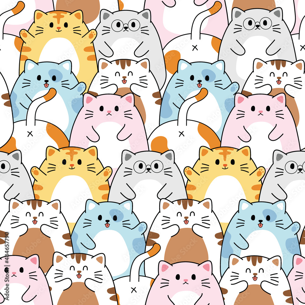 Repeat.Seamless pattern of cute colorful cat cartoon.Happy meow.Animals ...