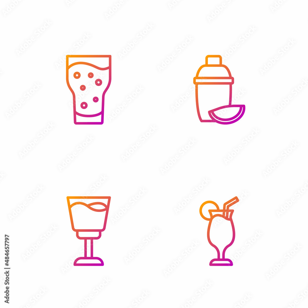 Set line Cocktail, Wine glass, Glass of beer and shaker with lime. Gradient color icons. Vector