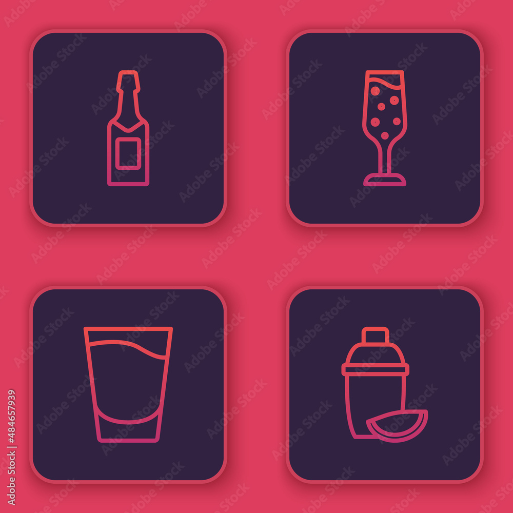 Set line Champagne bottle, Shot glass, Glass of champagne and Cocktail shaker with lime. Blue square button. Vector