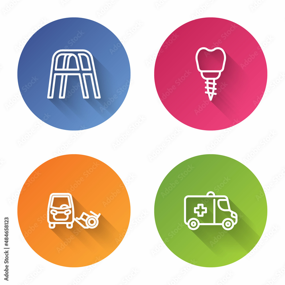 Set line Walker, Dental implant, Disabled car and Emergency. Color circle button. Vector Set line Walker, Dental implant, Disabled car and Emergency. Color circle button. Vector