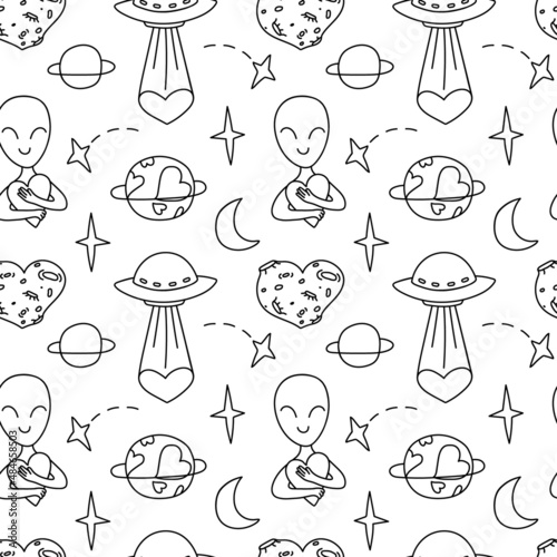 Cosmic background. UFO, alien in love seamless pattern in doodle style. Children's contour illustrations with Flying Saucers. Print sample for fabric, wallpaper