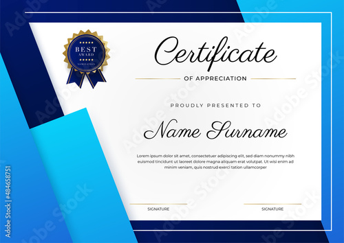 Blue and gold certificate of achievement border template with luxury badge and modern line pattern. For award, business, and education needs