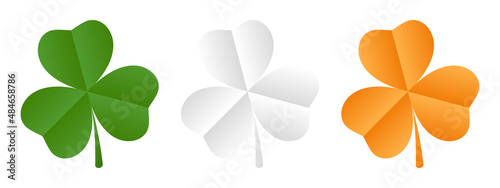 Set of shamrocks in Irish flag colors. Green, white and orange clovers illustration on a white background isolated. Decorative elements for St. Patrick's Day design. Vector illustration