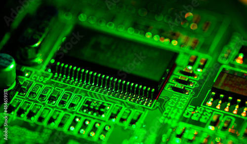 Close up of components and microchips on PC circuit board..
