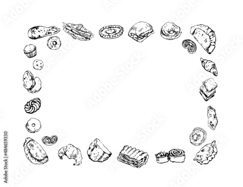 Bread and bakery goods line art. Hand drawn editable rectangular frame