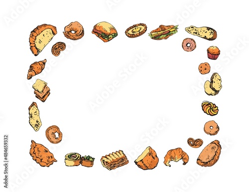 Rectangular frame made of bread and bakery items, coloured sketch. Hand drawn editable design