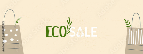 Eco friendly reusable and recycle kraft bag or Spring green sale banner template. Recycling, zero waste, go green concept. Eco-friendly shopping cardboard craft pack. Flat vector cartoon illustration