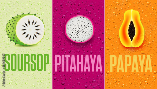 many fresh juice drops background with soursop, papaya