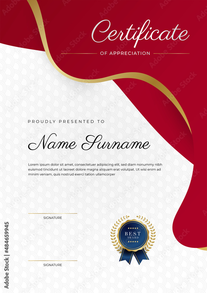 Luxury certificate of appreciation template with red and gold color ...