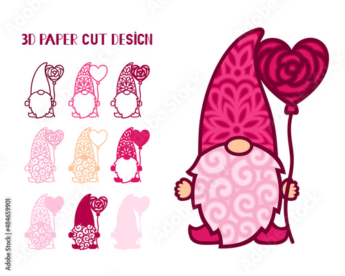 3D layered gnome with balloon. Valentines Day. Love symbols. Paper,laser cut template. For postcard, window, gift, wall decorations, sublimation. Vector illustration isolated on white.