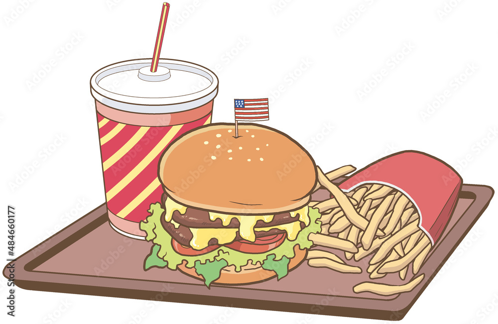 ファストフード店のハンバーガーセットのイラスト フライドポテト ドリンク トレイ Stock Illustration Adobe Stock