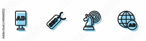Set line Chess, Advertising, SEO optimization and icon. Vector