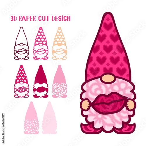 Gnome with lips. 3D layered character. Valentines Day. Love symbols. Paper,laser cut template. For postcard, window, gift, wall decorations, sublimation. Vector illustration isolated on white.