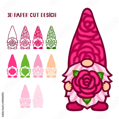 3D layered gnome with rose. Valentines Day. Love symbols. Paper, laser cut template. For postcard, window, gift, wall decorations, sublimation. Vector illustration isolated on white.