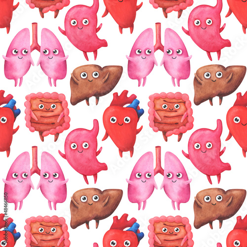 Seamless pattern with human internal organs. Watercolor anatomical illustrations on a white background in a children's style. Heart, lungs, liver, intestines, stomach. Cute Medical Ornament for Fabric