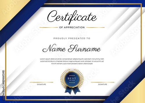 Blue and gold certificate of achievement border template with luxury badge and modern line pattern. For award, business, and education needs