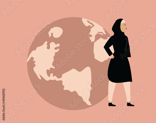 Feminist Arab middle east woman standing next to the world globe and looks confident. Happy international activist and feminism day. Woman's empowerment, environment conservation or save the earth day